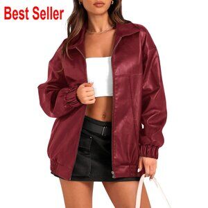 Oversized Faux Leather Bomber Jacket Zip Up Motorcycle Style S-XXL